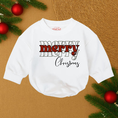 Merry Christmas Bubble Romper for Baby Girl, Festive Red & Black Design with Script 'Christmas', First Christmas Outfit, Santa Baby Romper