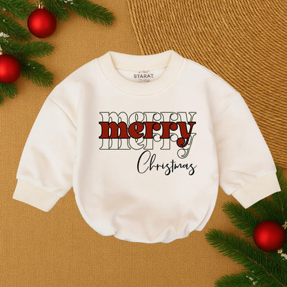 Merry Christmas Bubble Romper for Baby Girl, Festive Red & Black Design with Script 'Christmas', First Christmas Outfit, Santa Baby Romper