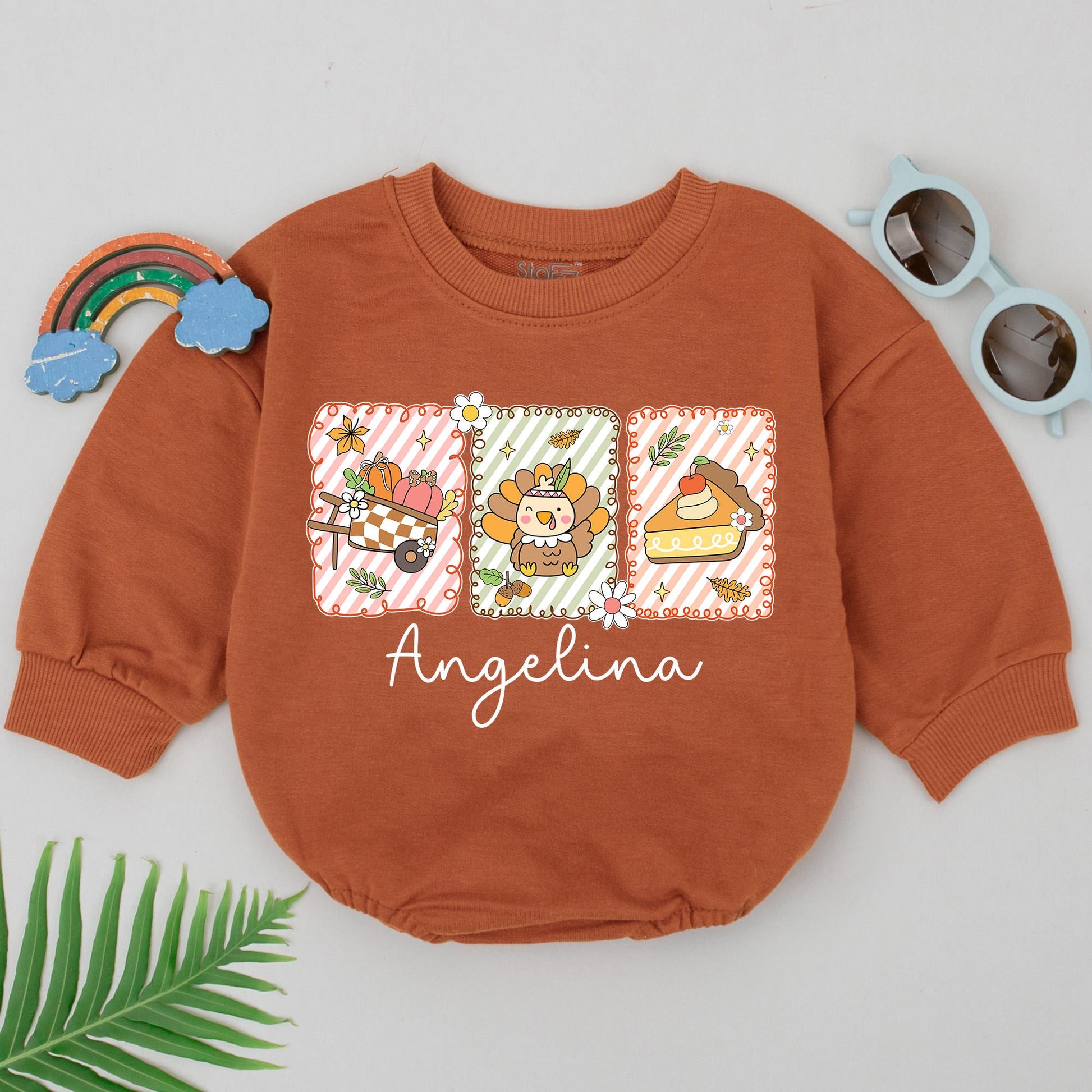 Angelina Personalized Retro Romper Warm Autumnal Graphics Baby Bodysuit First Thanksgiving Outfit Fall Baby Gift