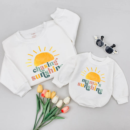 Mama's Sunshine Matching Sweatshirt Set, Retro Mommy & Me Outfit, New Mom Gift, Vintage Inspired Baby and Me Shirts, Peach, Yellow & Green Sun 138 chars
