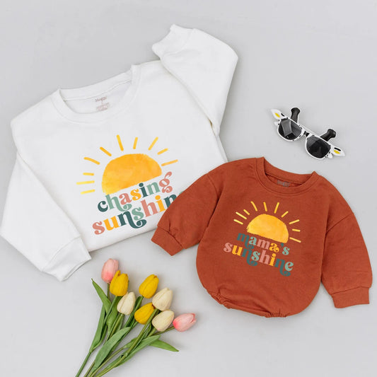 Mama's Sunshine Matching Sweatshirt Set, Retro Mommy & Me Outfit, New Mom Gift, Vintage Inspired Baby and Me Shirts, Peach, Yellow & Green Sun 138 chars