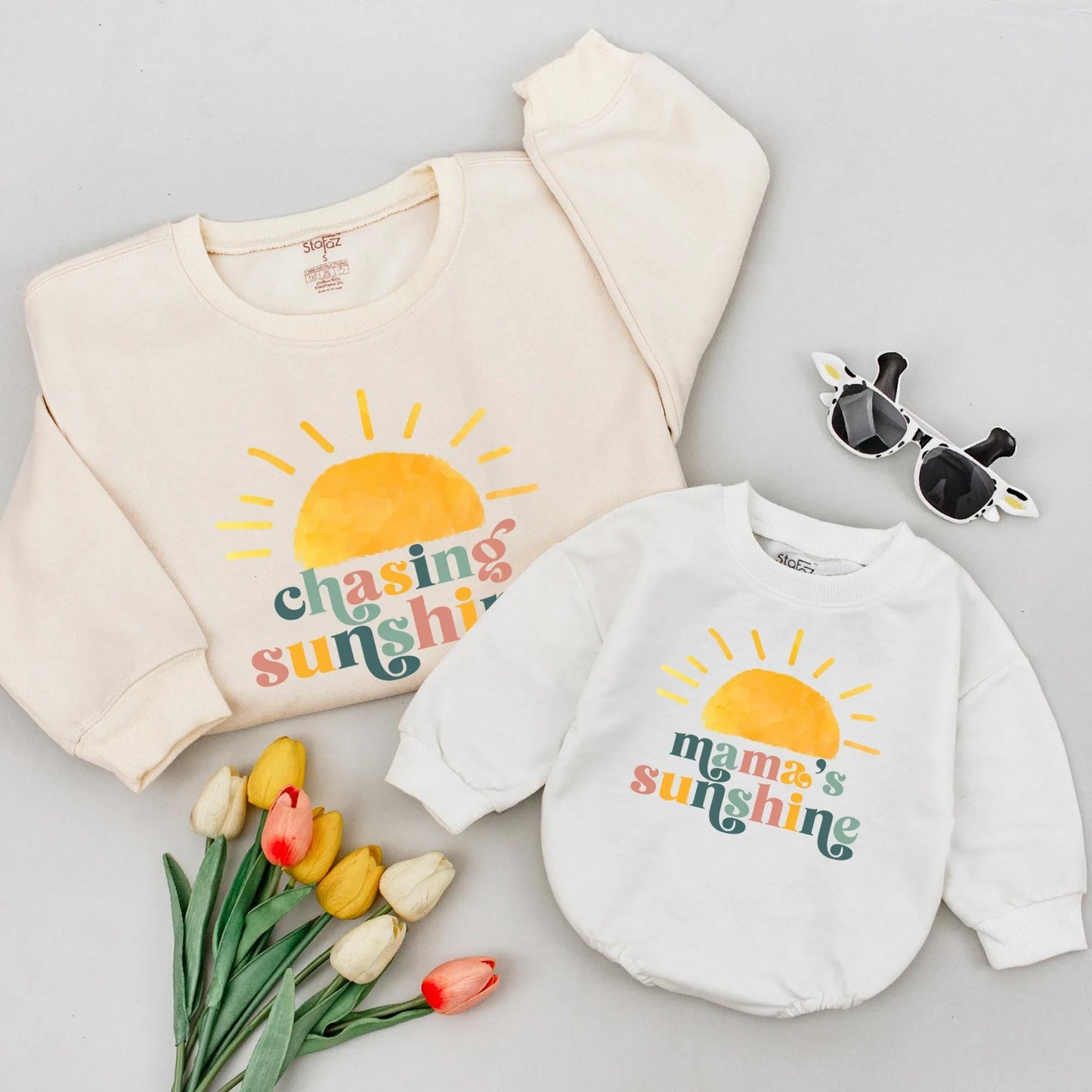 Mama's Sunshine Matching Sweatshirt Set, Retro Mommy & Me Outfit, New Mom Gift, Vintage Inspired Baby and Me Shirts, Peach, Yellow & Green Sun 138 chars