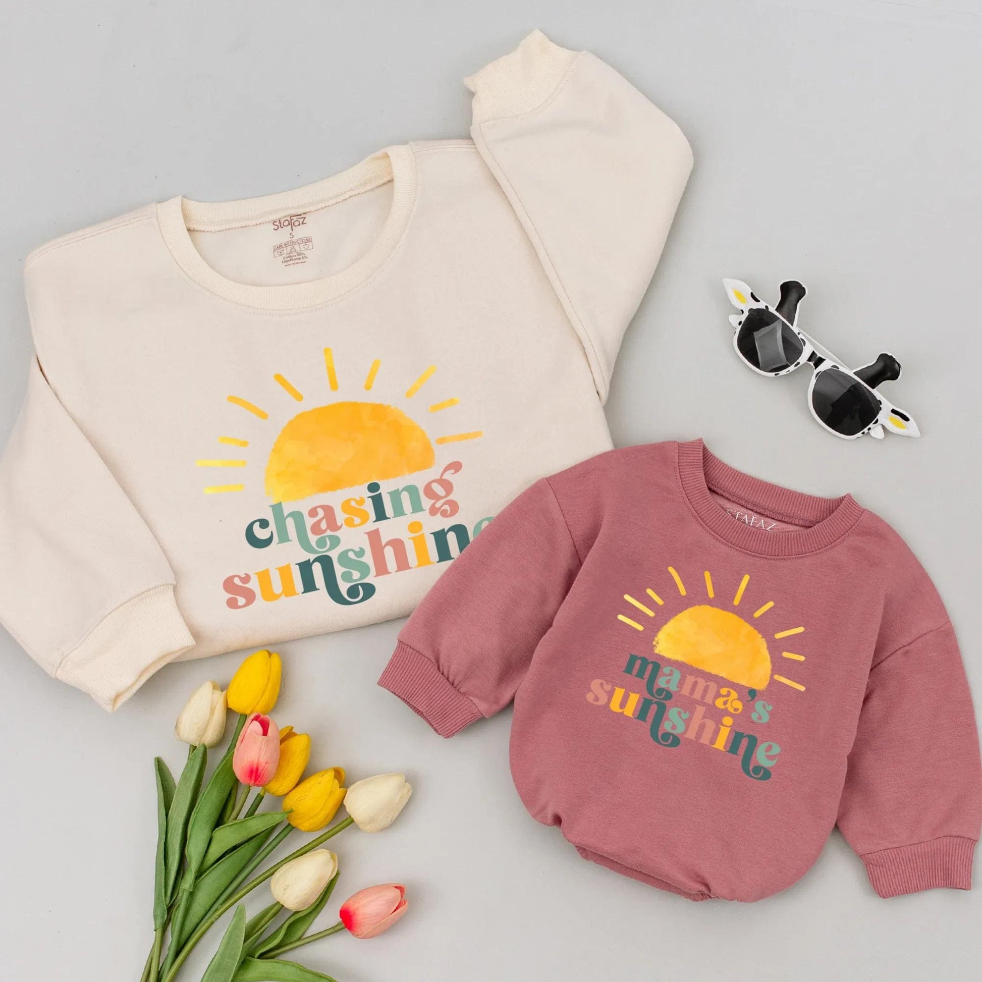 Mama's Sunshine Matching Sweatshirt Set, Retro Mommy & Me Outfit, New Mom Gift, Vintage Inspired Baby and Me Shirts, Peach, Yellow & Green Sun 138 chars