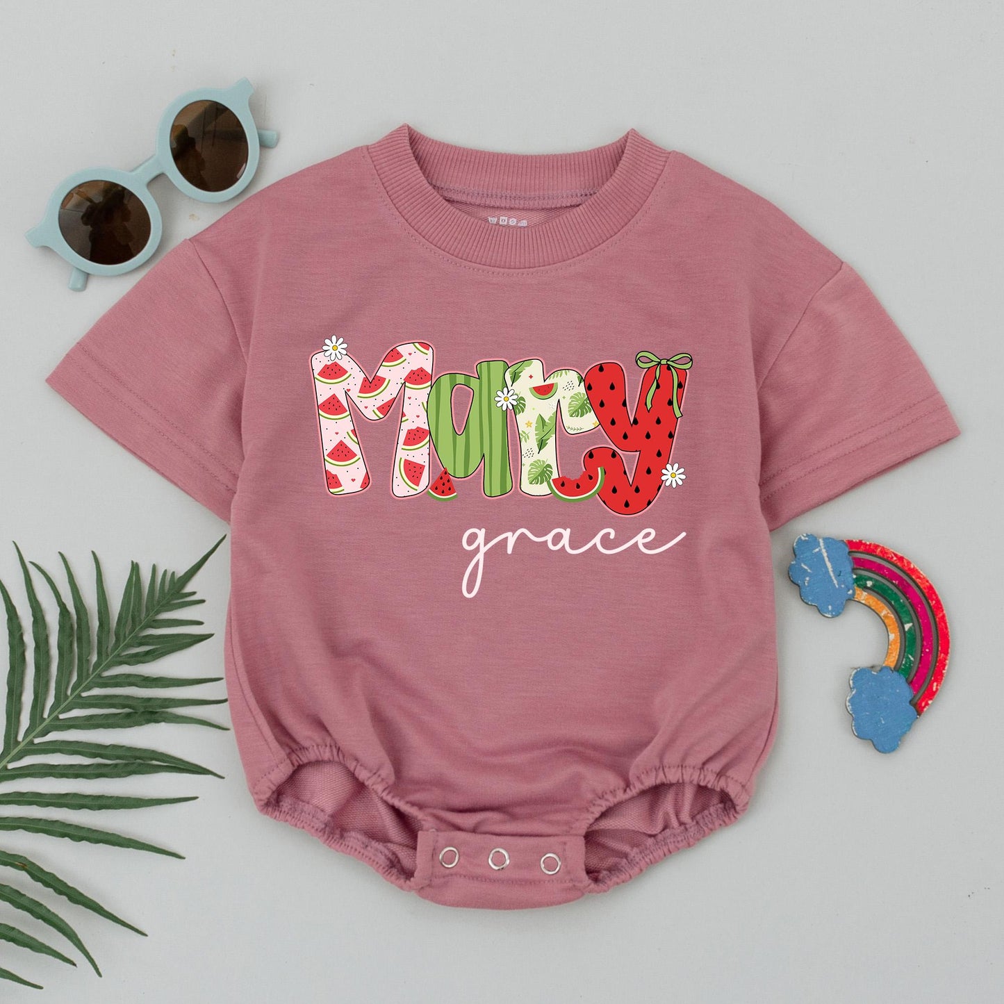 Personalized Mary Grace Baby Bubble Romper Summer Outfit Watermelon Fruit Design Custom Birthday Gift Baby Girl Clothes
