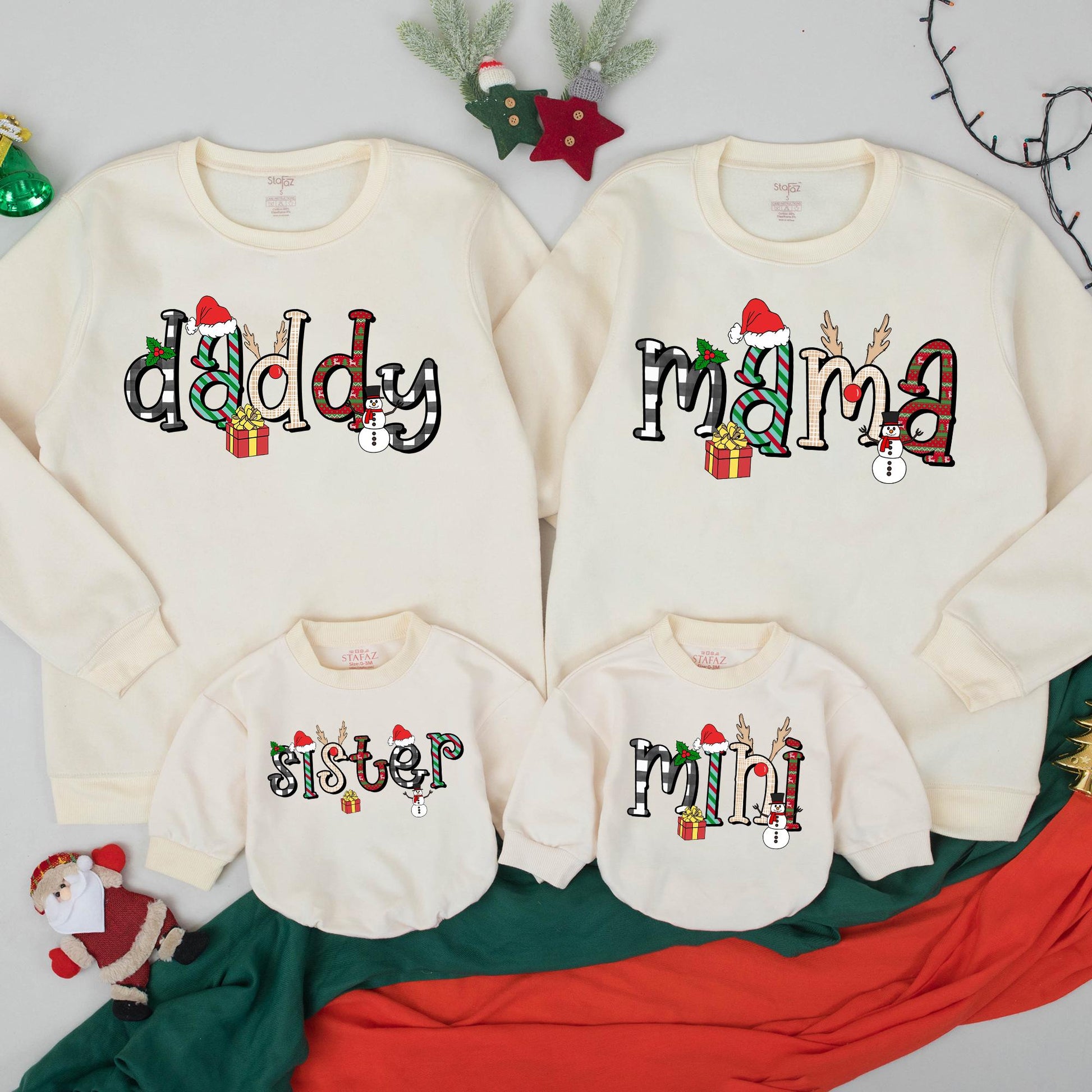 Retro Mama Mini Matching Christmas Sweatshirts Festive Holiday Family Outfit Plaid Stripes Knit Red Green Black White Santa Reindeer Holly Design