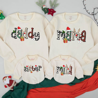 Retro Mama Mini Matching Christmas Sweatshirts Festive Holiday Family Outfit Plaid Stripes Knit Red Green Black White Santa Reindeer Holly Design
