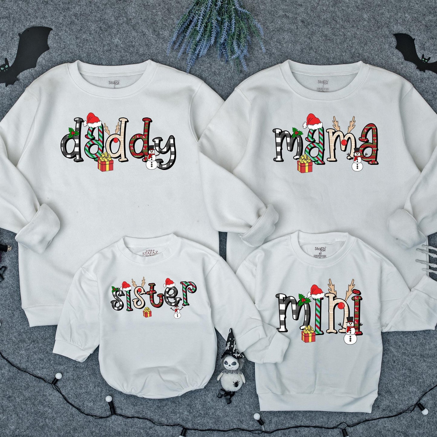 Retro Mama Mini Matching Christmas Sweatshirts Festive Holiday Family Outfit Plaid Stripes Knit Red Green Black White Santa Reindeer Holly Design