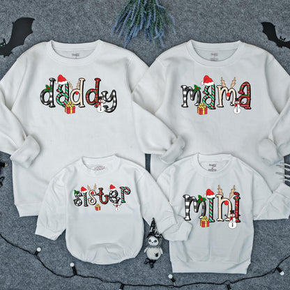 Retro Mama Mini Matching Christmas Sweatshirts Festive Holiday Family Outfit Plaid Stripes Knit Red Green Black White Santa Reindeer Holly Design