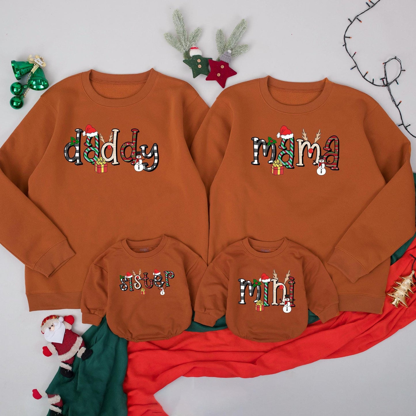 Retro Mama Mini Matching Christmas Sweatshirts Festive Holiday Family Outfit Plaid Stripes Knit Red Green Black White Santa Reindeer Holly Design