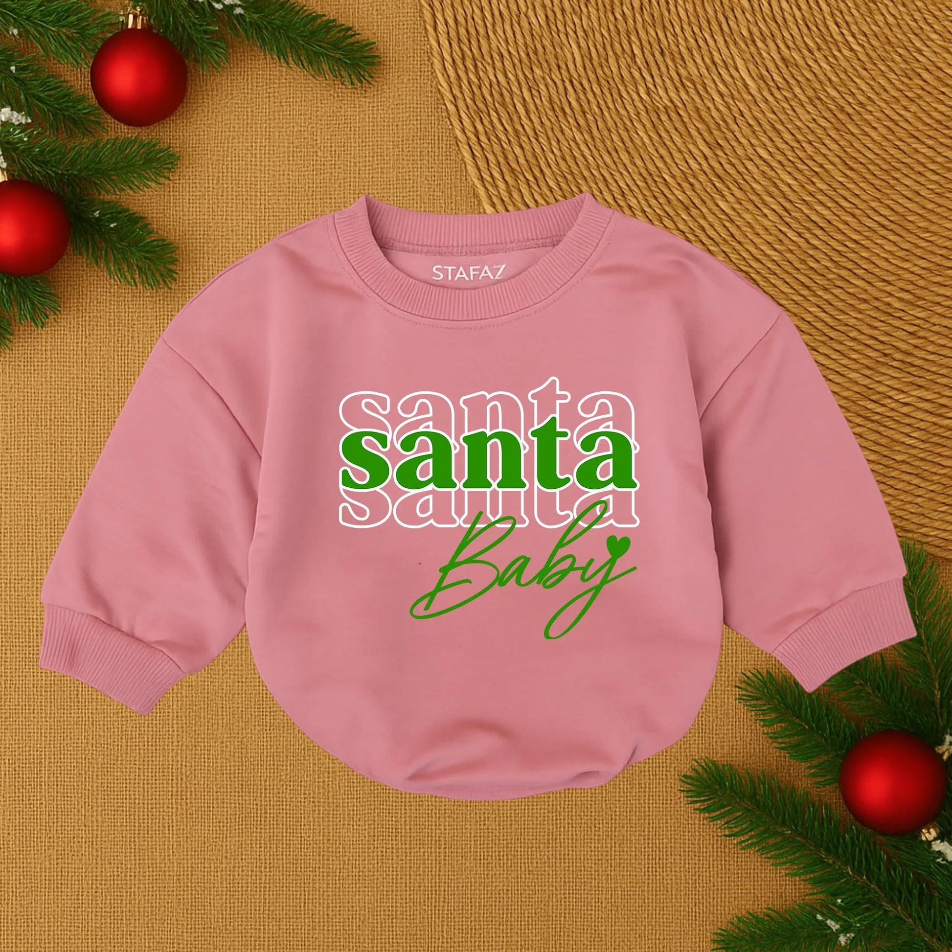 Custom Baby Girl First Christmas Romper featuring festive Santa Baby print with red and black outline lettering soft comfy holiday infant outfit