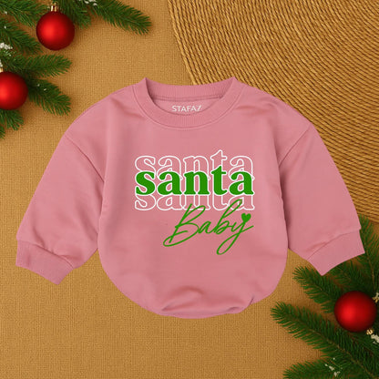 Custom Baby Girl First Christmas Romper featuring festive Santa Baby print with red and black outline lettering soft comfy holiday infant outfit