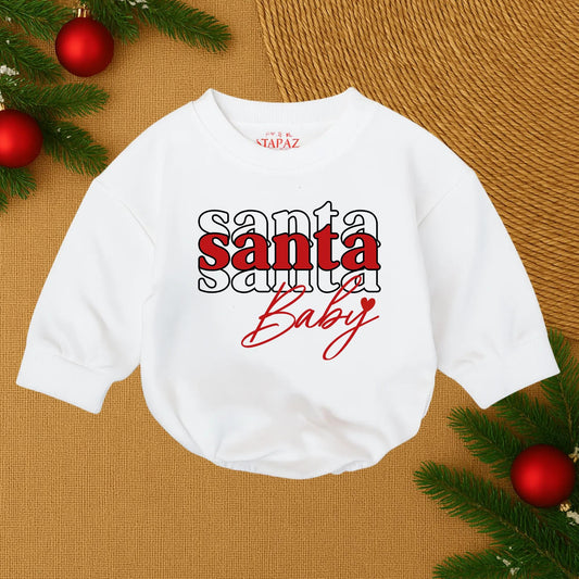 Custom Baby Girl First Christmas Romper featuring festive Santa Baby print with red and black outline lettering soft comfy holiday infant outfit