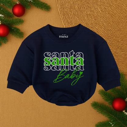 Custom Baby Girl First Christmas Romper featuring festive Santa Baby print with red and black outline lettering soft comfy holiday infant outfit