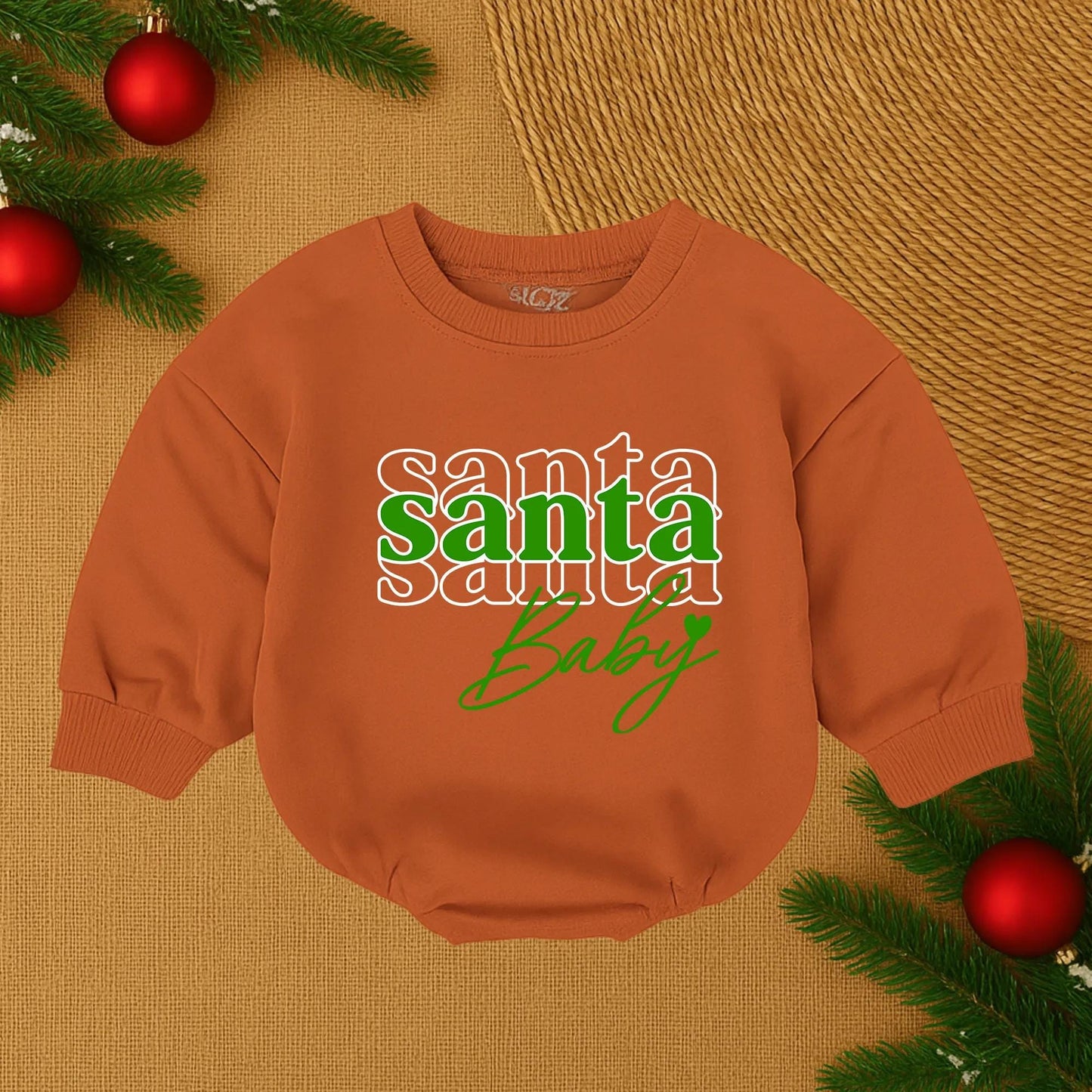 Custom Baby Girl First Christmas Romper featuring festive Santa Baby print with red and black outline lettering soft comfy holiday infant outfit