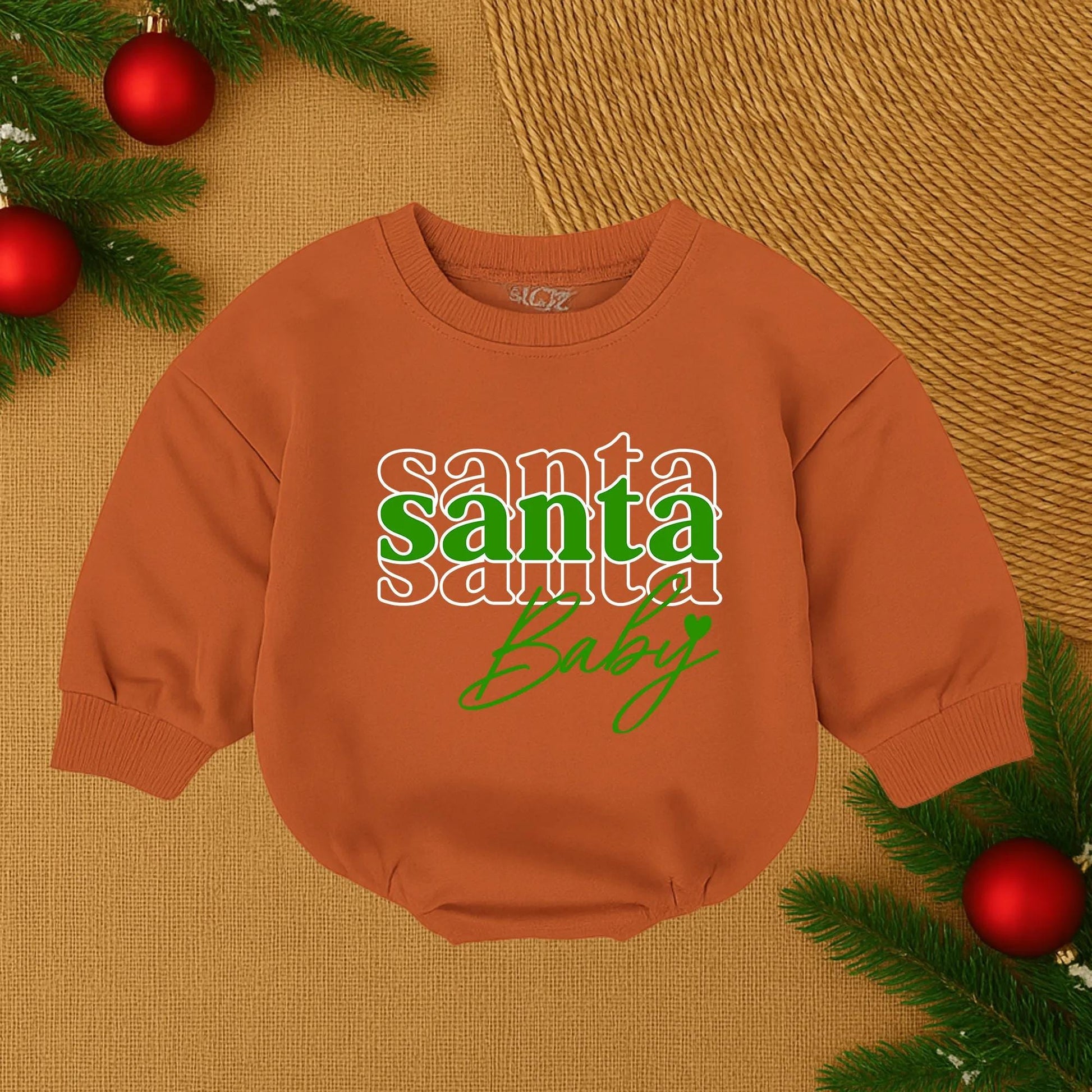 Custom Baby Girl First Christmas Romper featuring festive Santa Baby print with red and black outline lettering soft comfy holiday infant outfit