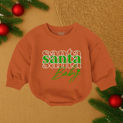Custom Baby Girl First Christmas Romper featuring festive Santa Baby print with red and black outline lettering soft comfy holiday infant outfit