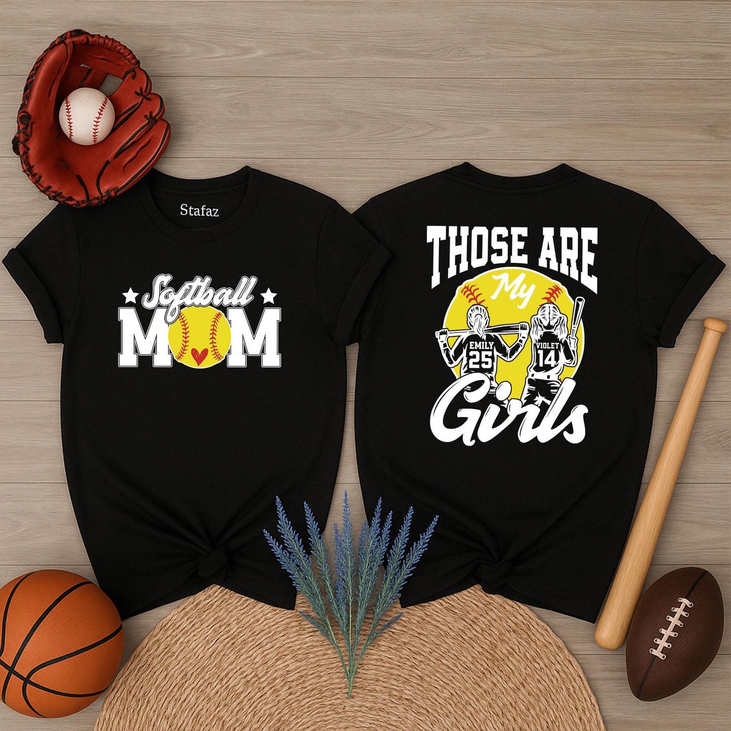 Custom Softball Mom Shirt, Those Are My Girls Tee, Personalized Player Name & Number, Heart Softball Graphic, Game Day Gift, Black & Yellow, Sporty Design