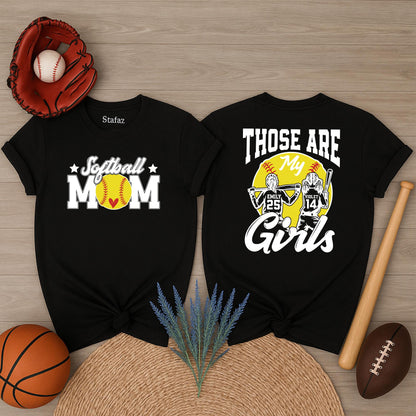 Custom Softball Mom Shirt, Those Are My Girls Tee, Personalized Player Name & Number, Heart Softball Graphic, Game Day Gift, Black & Yellow, Sporty Design