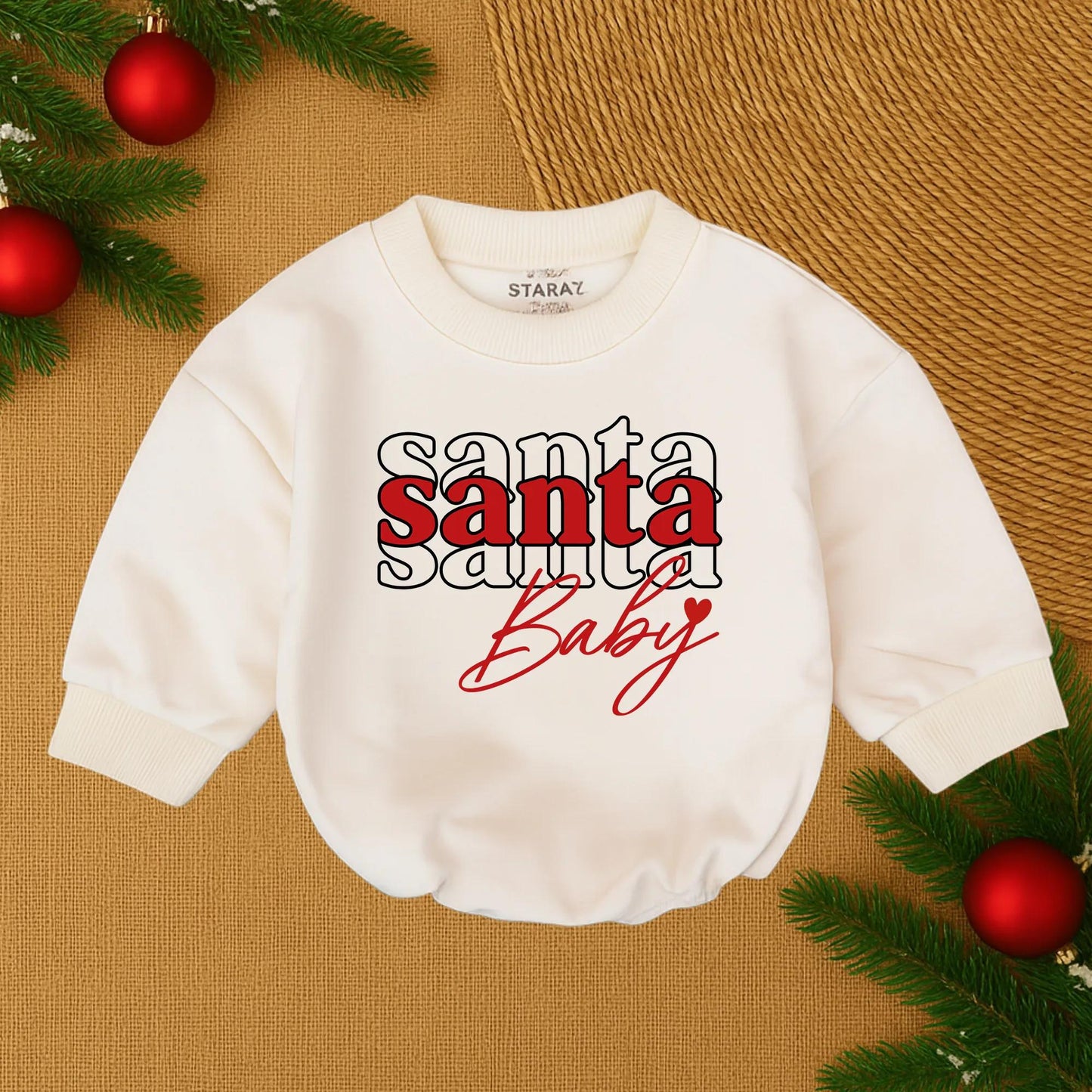 Custom Baby Girl First Christmas Romper featuring festive Santa Baby print with red and black outline lettering soft comfy holiday infant outfit