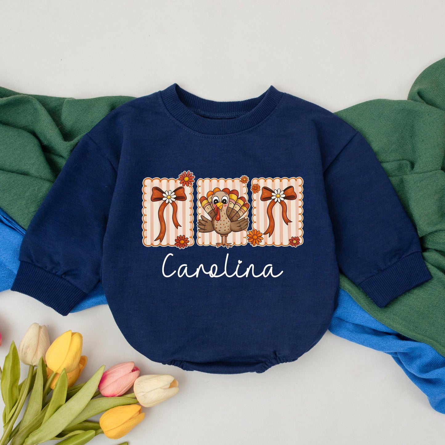 Personalized Carolina Thanksgiving Romper, Retro Turkey Outfit with Scalloped Squares & Flowers, Custom Name Bodysuit, Fall Baby Girl Gift (139 chars)