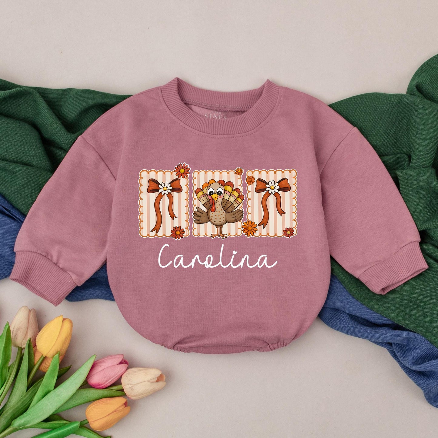 Personalized Carolina Thanksgiving Romper, Retro Turkey Outfit with Scalloped Squares & Flowers, Custom Name Bodysuit, Fall Baby Girl Gift (139 chars)