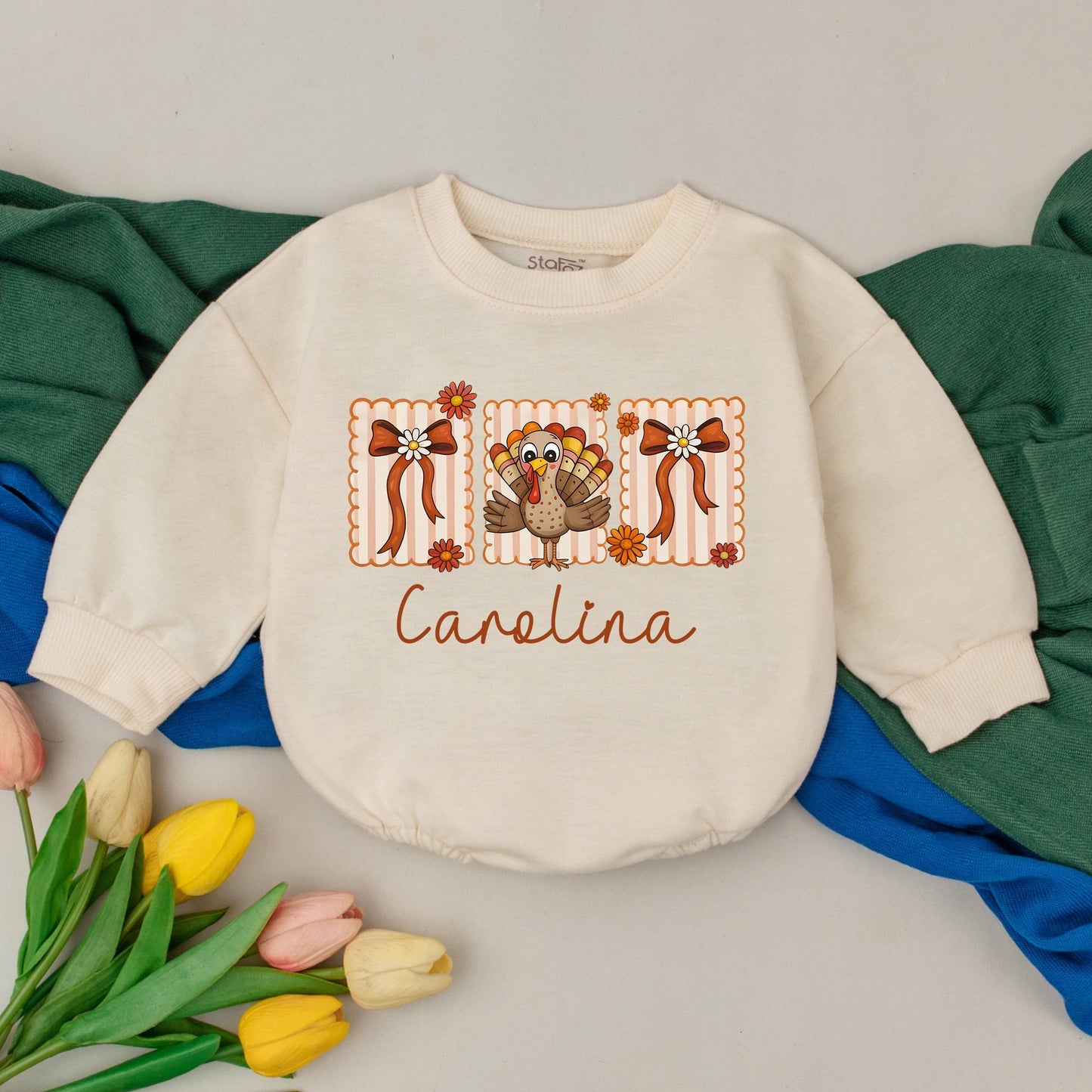 Personalized Carolina Thanksgiving Romper, Retro Turkey Outfit with Scalloped Squares & Flowers, Custom Name Bodysuit, Fall Baby Girl Gift (139 chars)