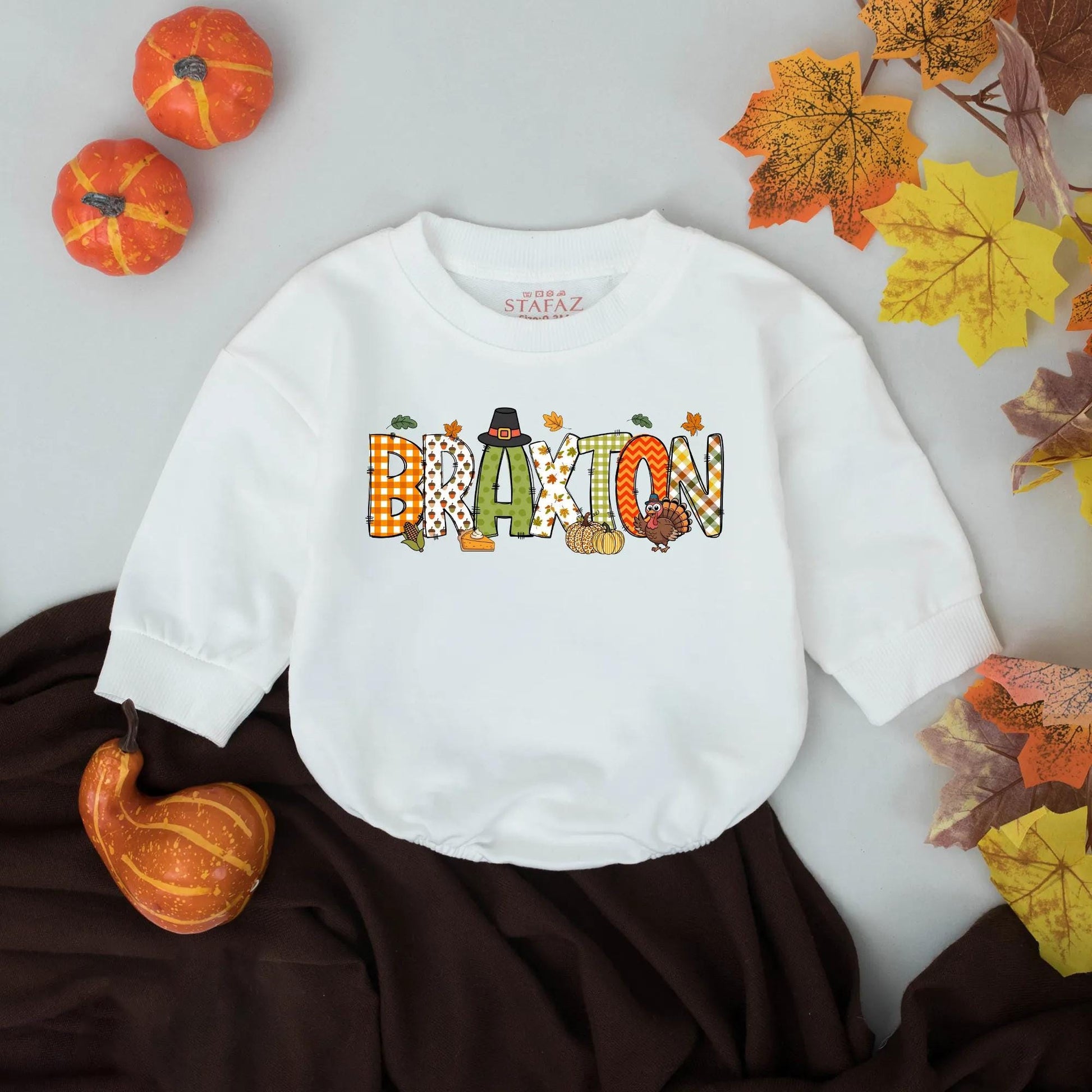 Braxton's First Thanksgiving Romper: Cute Personalized Turkey Day Outfit for Baby, Autumn Leaves Bodysuit, Festive Fall Apparel, Gingham Checks