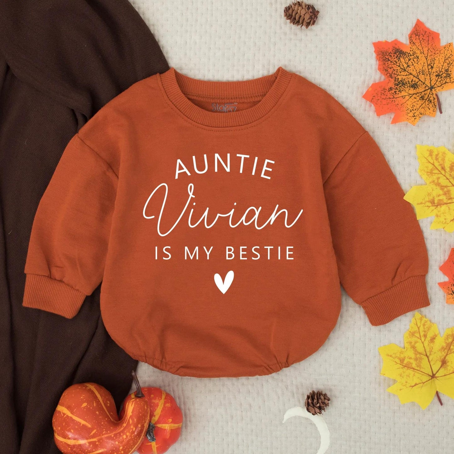 Personalized Auntie Is My Bestie Baby Bubble Romper Infant Outfit New Aunt Gift Toddler Clothes Modern Black Text Design Playful Style