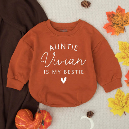 Personalized Auntie Is My Bestie Baby Bubble Romper Infant Outfit New Aunt Gift Toddler Clothes Modern Black Text Design Playful Style
