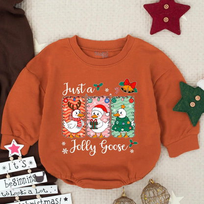 Just a Jolly Goose Christmas Bubble Romper Cute Cartoon Goose Holiday Baby Outfit Toddler First Christmas Clothes Infant Holiday Gift