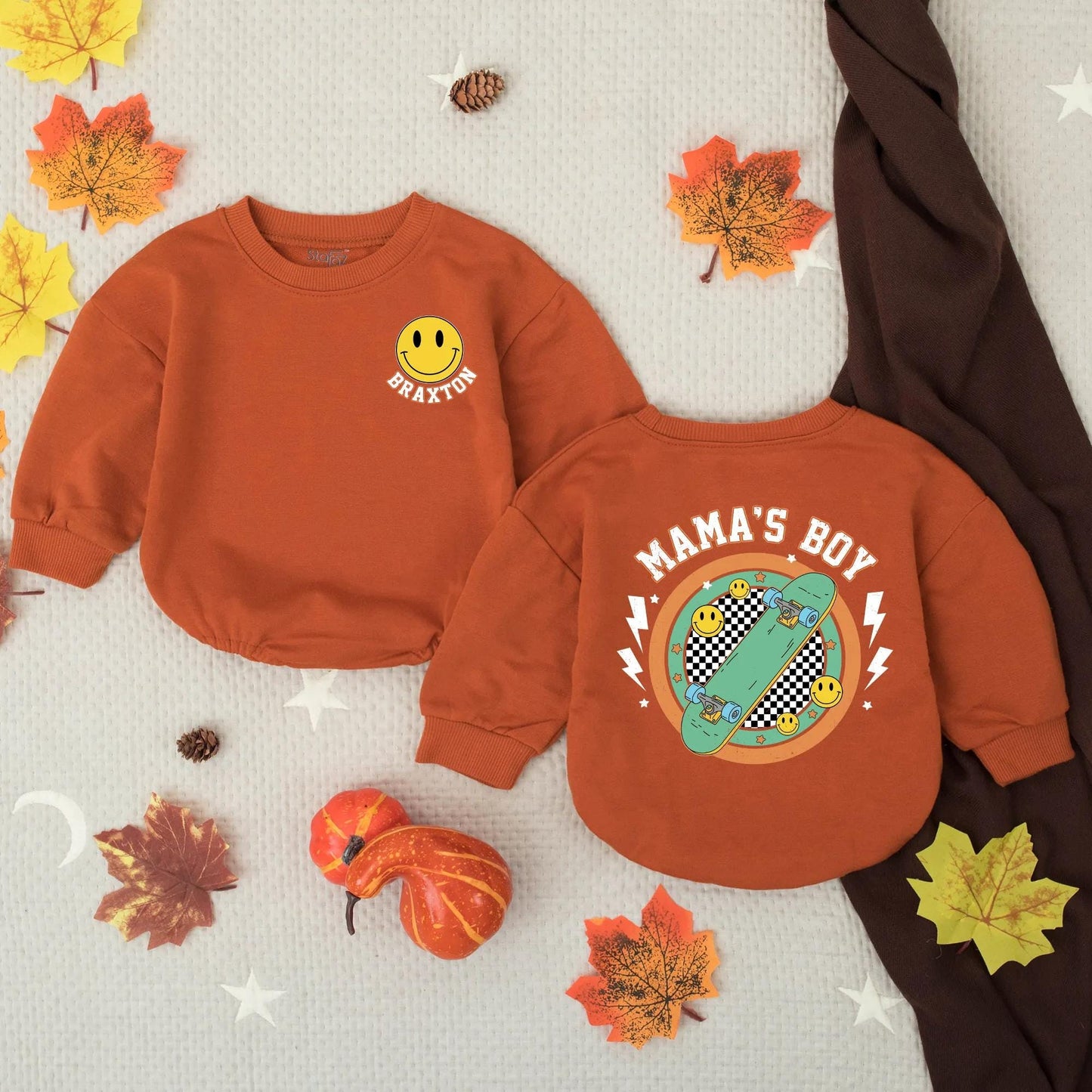 Custom Mama's Boy Yellow Smiley Face Bubble Romper with Name Retro Checkered Skateboard Baby Bodysuit Toddler Summer Newborn Shower Gift