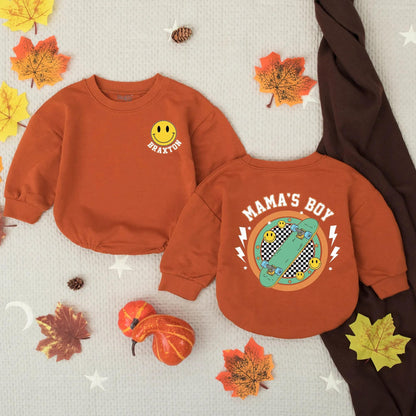 Custom Mama's Boy Yellow Smiley Face Bubble Romper with Name Retro Checkered Skateboard Baby Bodysuit Toddler Summer Newborn Shower Gift