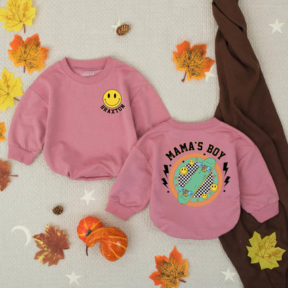 Custom Mama's Boy Yellow Smiley Face Bubble Romper with Name Retro Checkered Skateboard Baby Bodysuit Toddler Summer Newborn Shower Gift