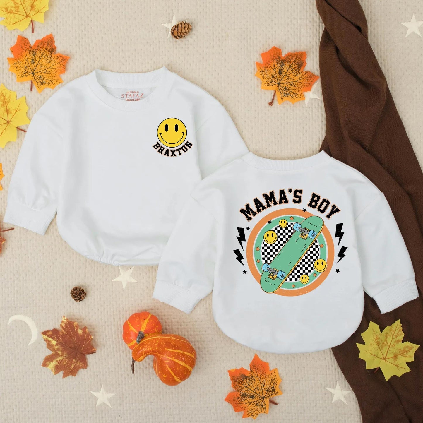 Custom Mama's Boy Yellow Smiley Face Bubble Romper with Name Retro Checkered Skateboard Baby Bodysuit Toddler Summer Newborn Shower Gift