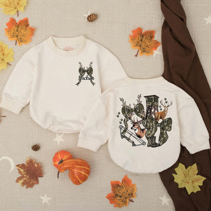 Jackson's Custom Hunting Buddy Camo Baby Romper Woodland Deer Antler Bow Infant Outfit Toddler Outdoor Shower Gift for Boys