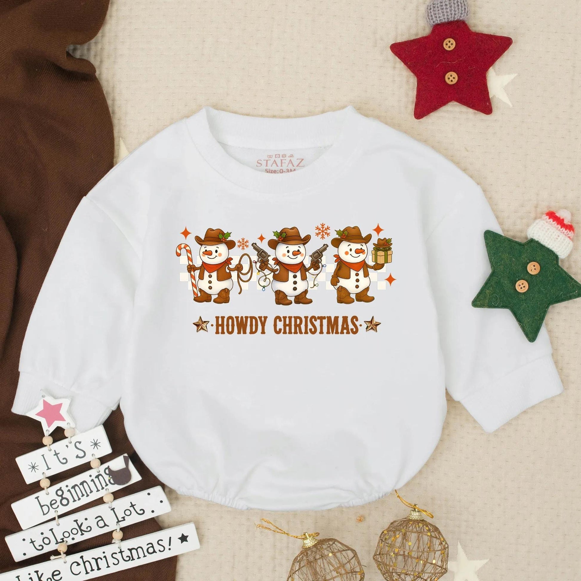 Howdy Snowman Christmas Baby Romper Western Cowboy Holiday Outfit Infant Clothes Toddler First Christmas Gift
