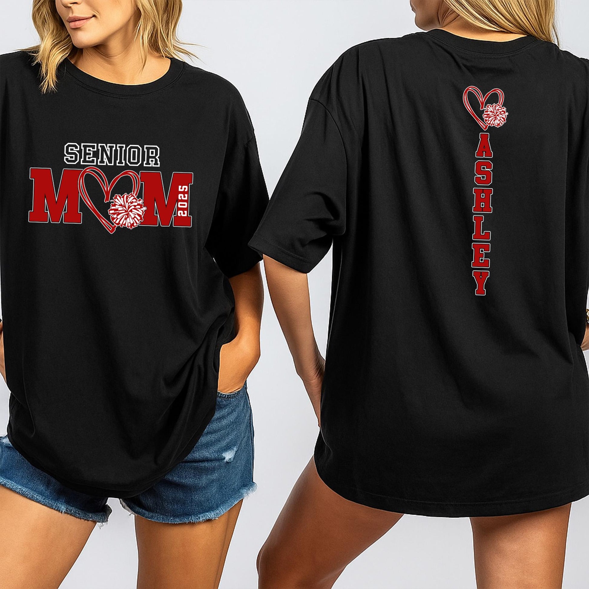 Senior Cheer Mom 2025 Shirt Custom Class of 2026 Spirit Wear with Pompom Heart Design for Senior Night School Team Pride