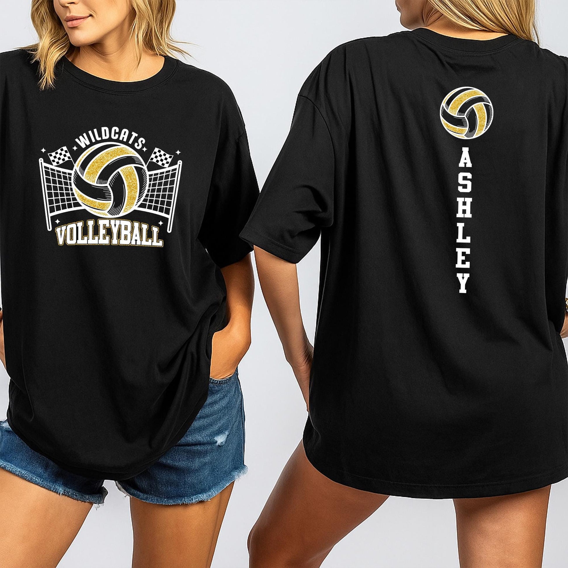 Custom Glitter Volleyball Shirt for Wildcats! Personalized Game Day Top with Flags, Volleyball Mom Tee, Sporty Spirit Wear