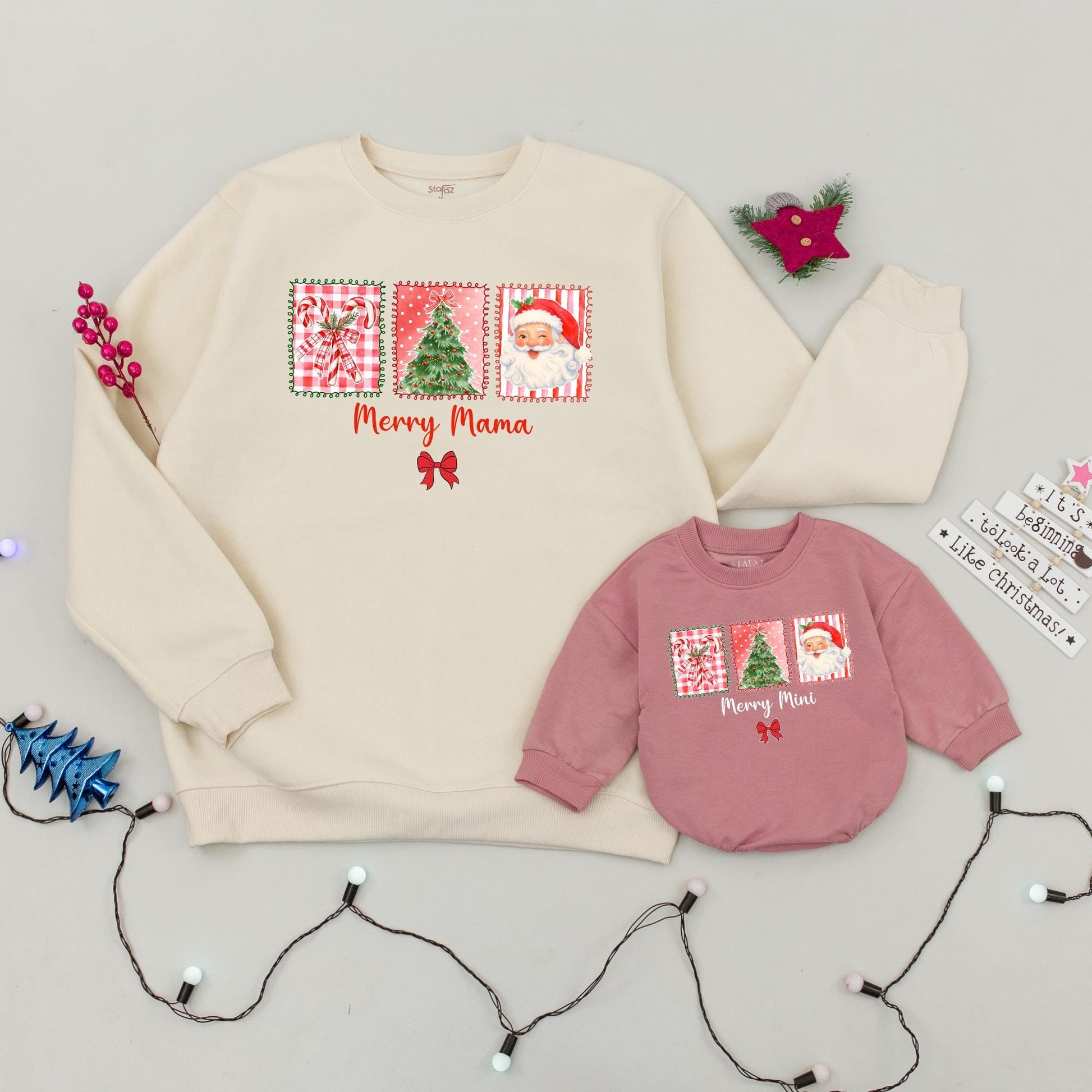 Merry Mama & Mini Matching Christmas Sweatshirt Set Retro Santa Claus Family Outfit Xmas Gift Mom & Baby Holiday Sweaters