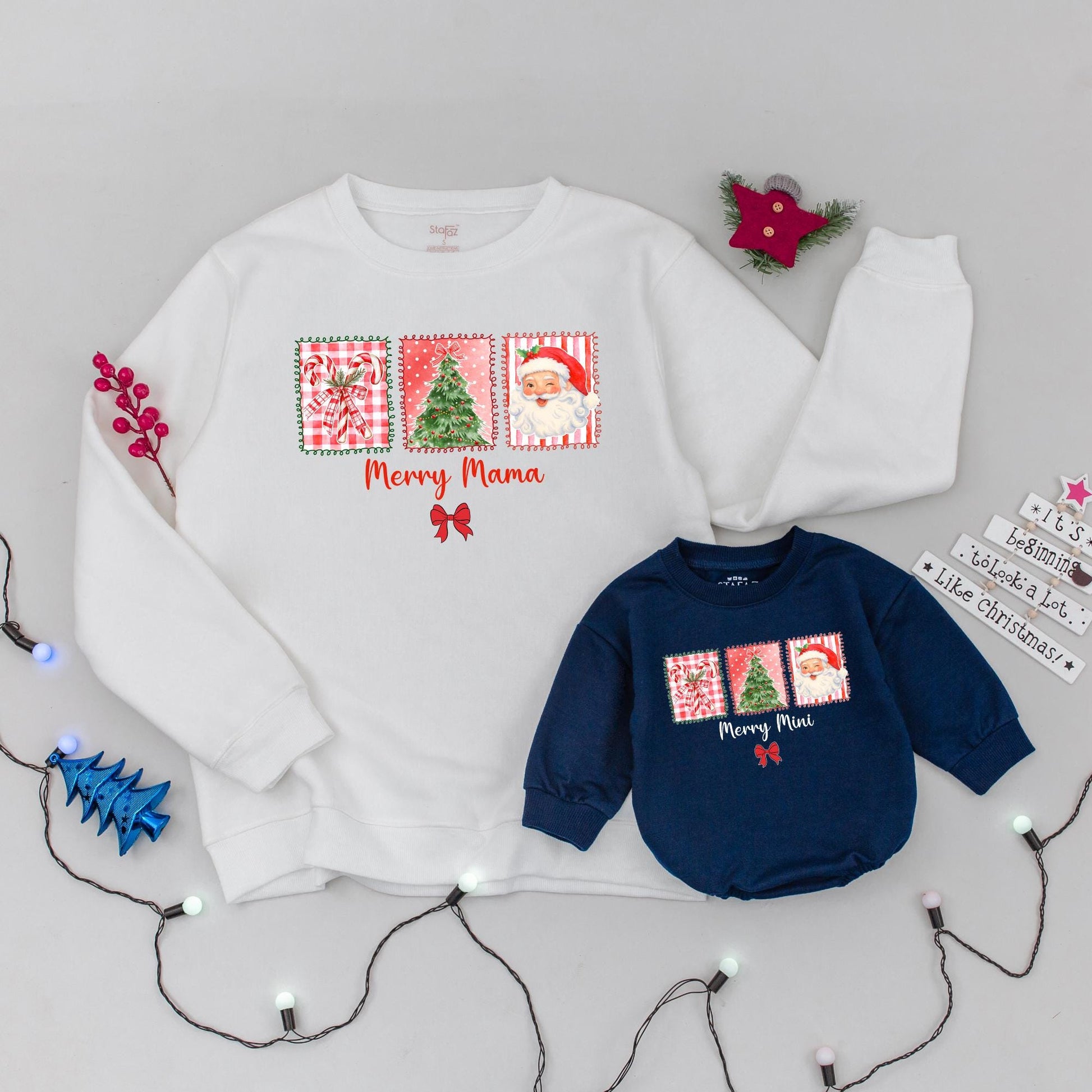 Merry Mama & Mini Matching Christmas Sweatshirt Set Retro Santa Claus Family Outfit Xmas Gift Mom & Baby Holiday Sweaters
