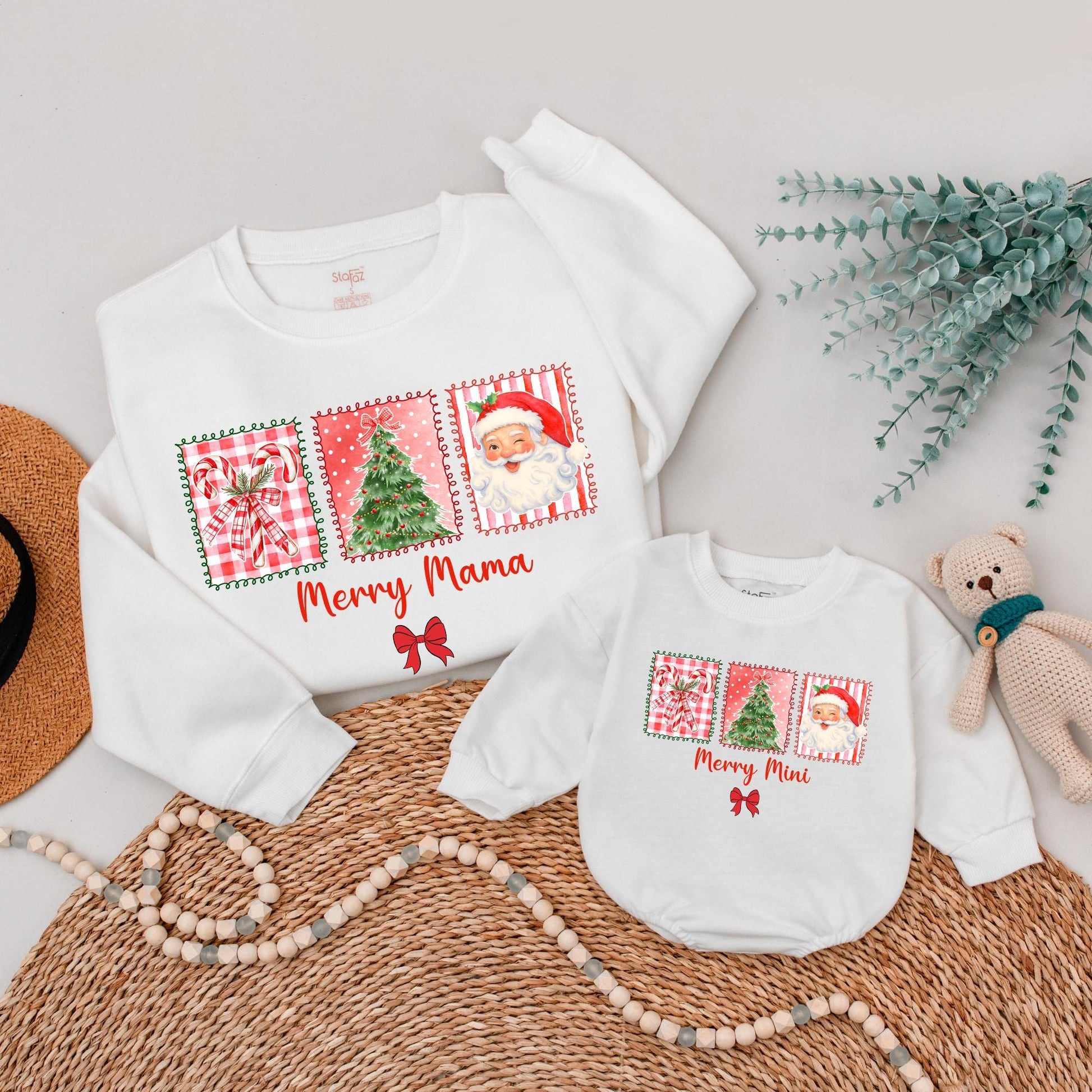 Merry Mama & Mini Matching Christmas Sweatshirt Set Retro Santa Claus Family Outfit Xmas Gift Mom & Baby Holiday Sweaters