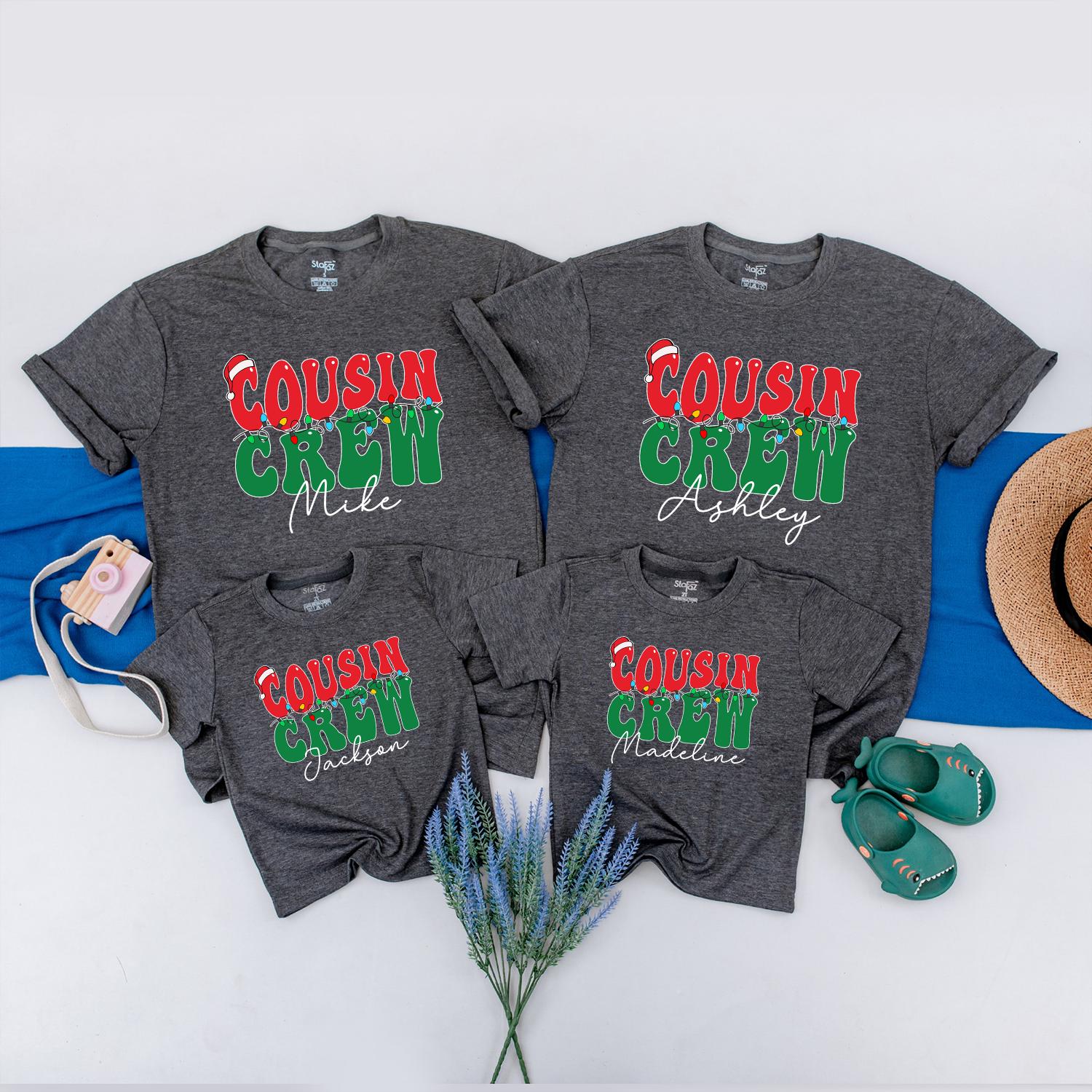 Personalized Cousin Crew Christmas Lights Shirt, Retro Holiday Family Matching Tees, Custom Name Xmas Outfit for Baby, Toddler, Kids, Red Green 138