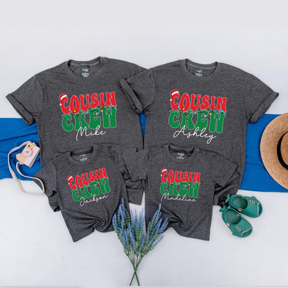 Personalized Cousin Crew Christmas Lights Shirt, Retro Holiday Family Matching Tees, Custom Name Xmas Outfit for Baby, Toddler, Kids, Red Green 138