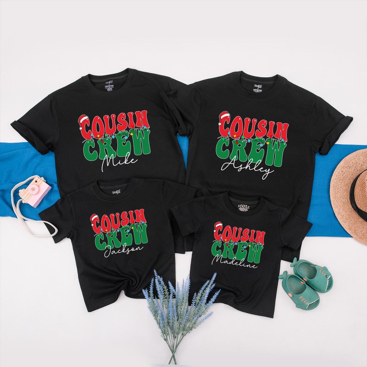 Personalized Cousin Crew Christmas Lights Shirt, Retro Holiday Family Matching Tees, Custom Name Xmas Outfit for Baby, Toddler, Kids, Red Green 138