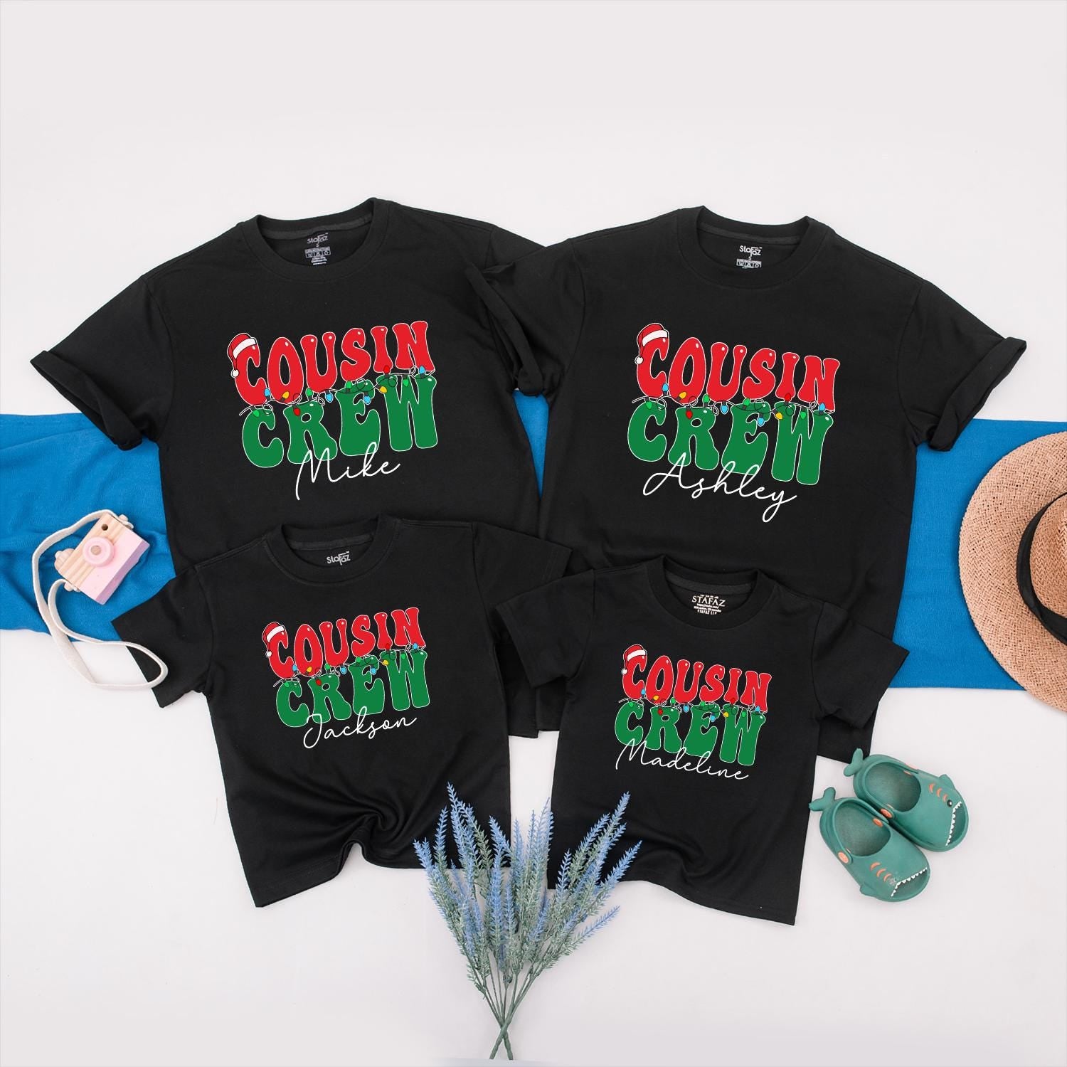 Personalized Cousin Crew Christmas Lights Shirt, Retro Holiday Family Matching Tees, Custom Name Xmas Outfit for Baby, Toddler, Kids, Red Green 138