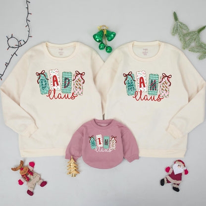 Mama Claus Christmas Sweatshirt with Festive Lettering Matching Family Sweaters & Mini Claus Option Whimsical Holiday Gift for Mom & Baby Xmas Outfit
