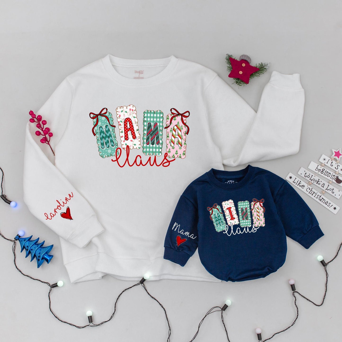 Mama Claus Christmas Sweatshirt with Festive Lettering Matching Family Sweaters & Mini Claus Option Whimsical Holiday Gift for Mom & Baby Xmas Outfit