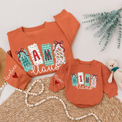Mama Claus Christmas Sweatshirt with Festive Lettering Matching Family Sweaters & Mini Claus Option Whimsical Holiday Gift for Mom & Baby Xmas Outfit