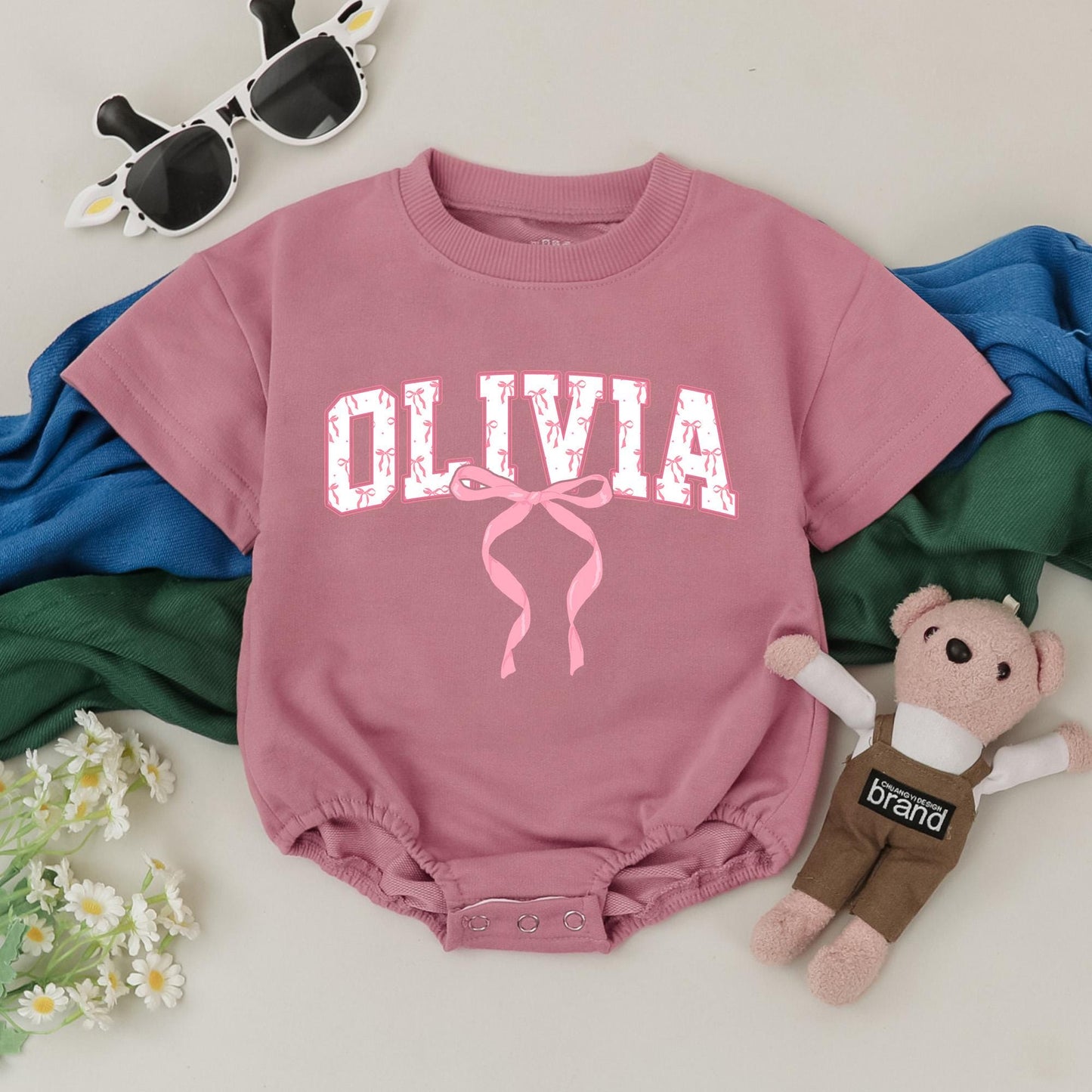Personalized Baby Girl Bubble Romper Pink Bow Name Design First Birthday Cake Smash Outfit Custom Stylized Lettering Soft Cotton Playful Girly Gift