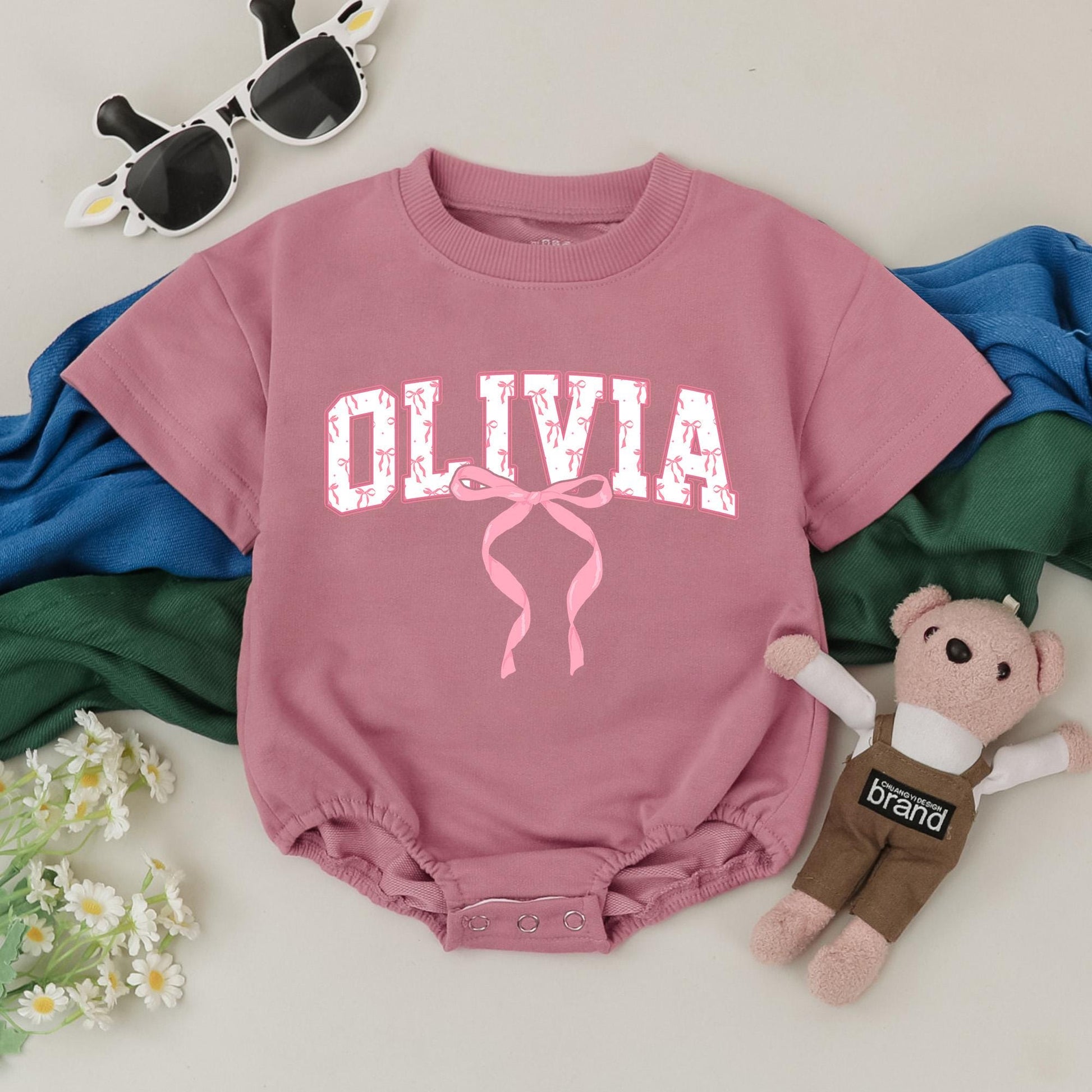 Personalized Baby Girl Bubble Romper Pink Bow Name Design First Birthday Cake Smash Outfit Custom Stylized Lettering Soft Cotton Playful Girly Gift